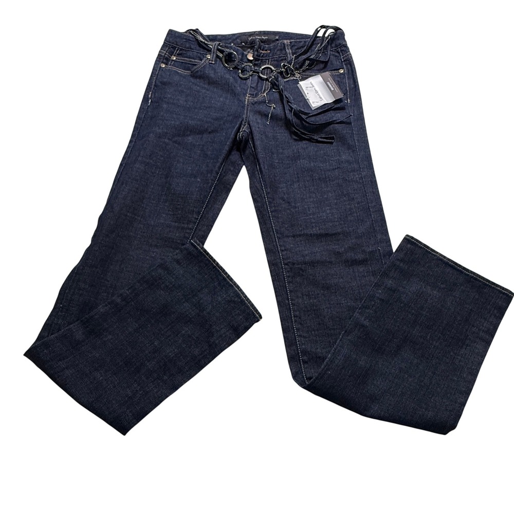 CALVIN KLEIN Wms 6 Skinny Blue Dark Wash Low Rise Jeans Chain Belt NWT 33 Inseam